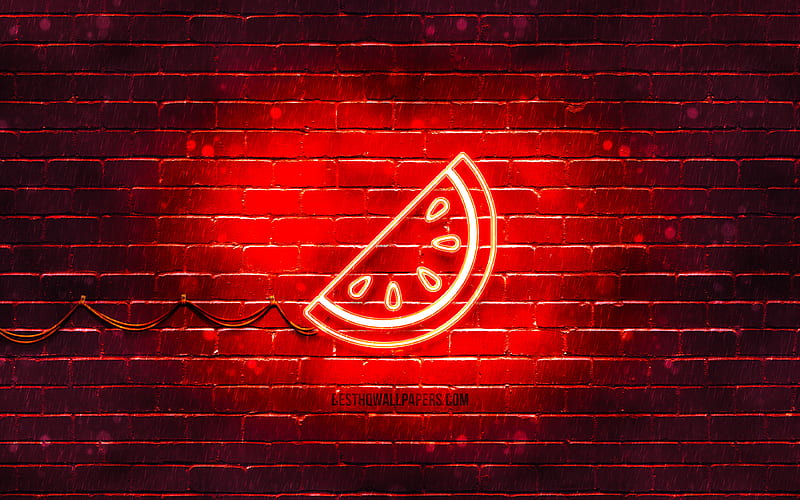 Watermelon neon icon red background, neon symbols, Watermelon, creative, neon icons, Watermelon sign, food signs, Watermelon icon, food icons, HD wallpaper
