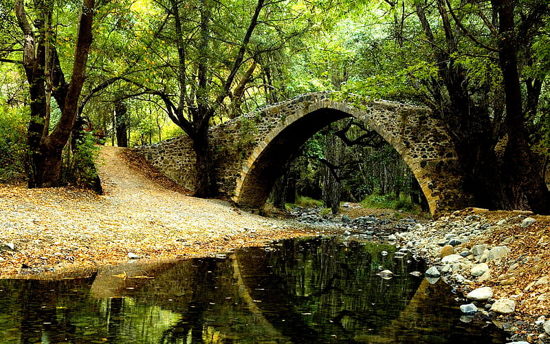 FOREST BRIDGE, stream, forest, bridge, stone, HD wallpaper