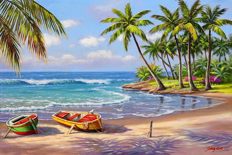 Tropical bay, pretty, shore, breeze, bonito, sea, palm trees, beach, nice, boats, painting, reflection, tropics, art, exotic, lovely, ocean, waves, sky, palms, island, nature, bay, tropical, sands, HD wallpaper
