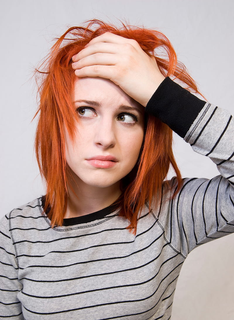 Hayley Williams, singer, women, redhead, simple background, hand on head, sweatshirts, HD phone wallpaper