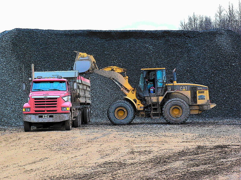 heavy equipment at work, truck, stone, loader, HD wallpaper