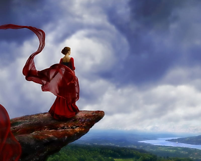 Lady in Red, red, cliff, sky, woman, HD wallpaper