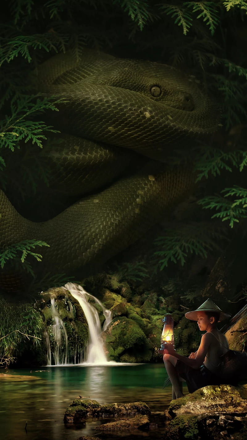 Huge snake, animal, boy, fantasy, forest, water, waterfall, HD phone wallpaper