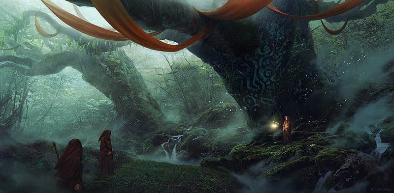 forest, cult, hoodie, stream, fantasy landscape, darkness, Fantasy, HD wallpaper
