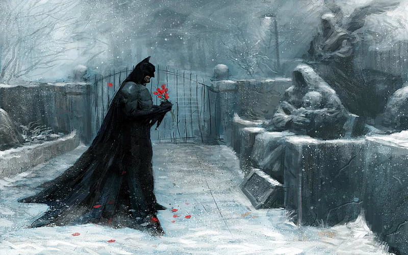 Batman, invierno de luto, superhéroe, cementerio, nieve, flores, gótico,  Fondo de pantalla HD | Peakpx