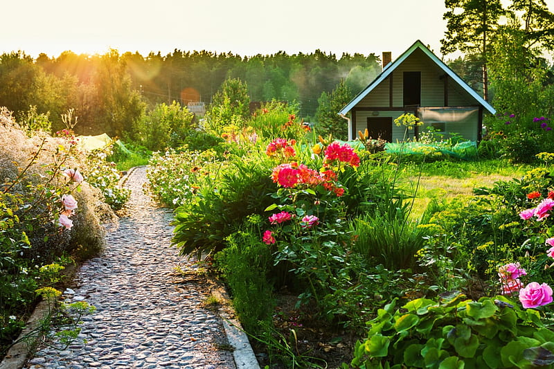 Amazing Garden, path, flowers, lawn, cabin, HD wallpaper