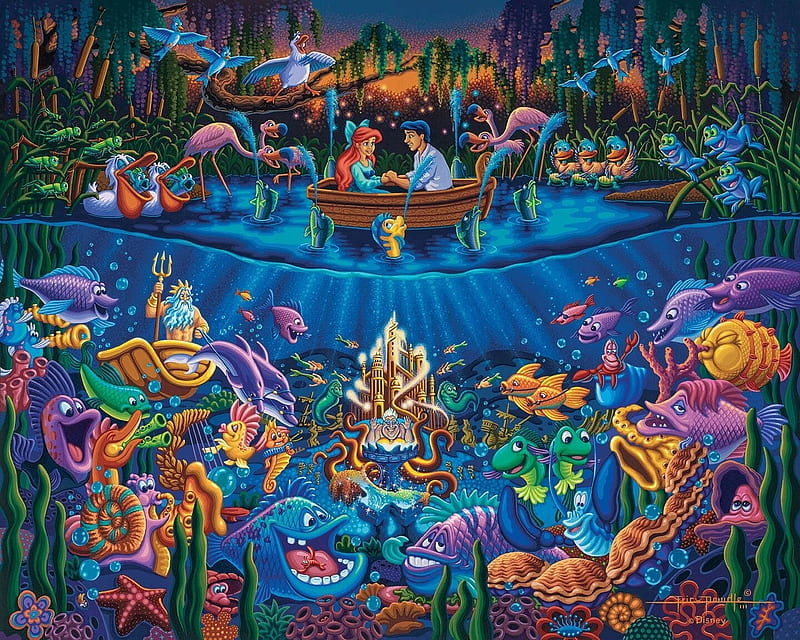 Little Mermaid Finding Love, art, scouple, fish, mermaid, coral, prince, peasti, water, fantasy, boat, painting, pictura, eric dowdle, disney, blue, HD wallpaper