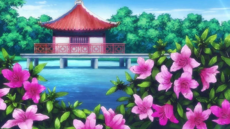 AnY: Water Shrine, pretty, house, scenic, akatsuki no yona, home, bonito, floral, sweet, blossom, nice, japan, green, anime, shrine, beauty, scenery, pink, lovely, japanese, lake, pond, building, water, oriental, flower, petals, scene, HD wallpaper