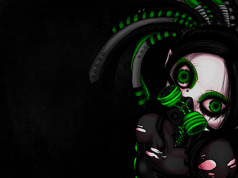 Industrial Green Girl, gas mask, industrial, evil, black, aweosme, metal, girl, green, anime, dark, heavy, eyes, HD wallpaper