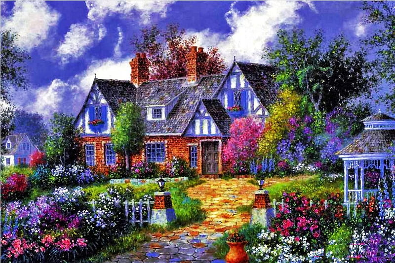 Beautiful Cottage, house, flowers, path, garden, trees, clouds, artwork, HD wallpaper