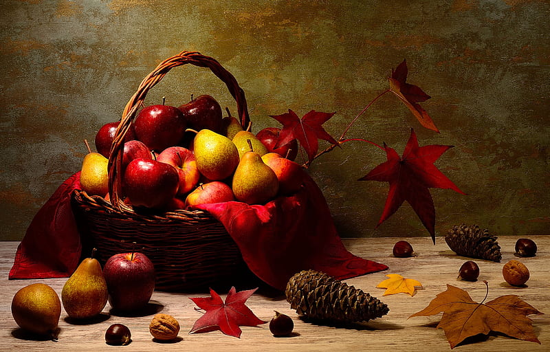 Fruits, Fruit, Apple, Basket, Fall, Pear, Still Life, HD wallpaper