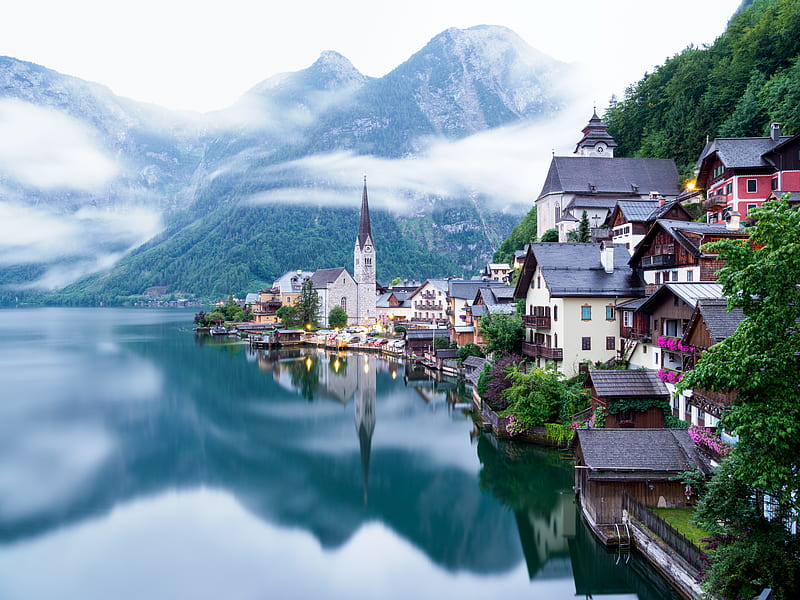 lake, mountains, village, hallstatt, austria, HD wallpaper