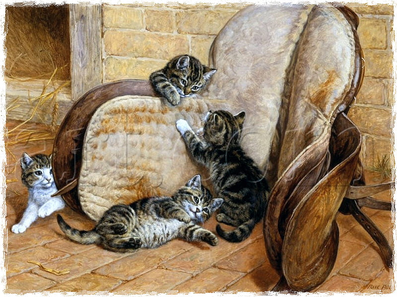 Kittens Playing - Cats F1, art, old master, saddle, kittens, cat, artwork, animal, frank paton, tack, pet, feline, paton, painting, HD wallpaper