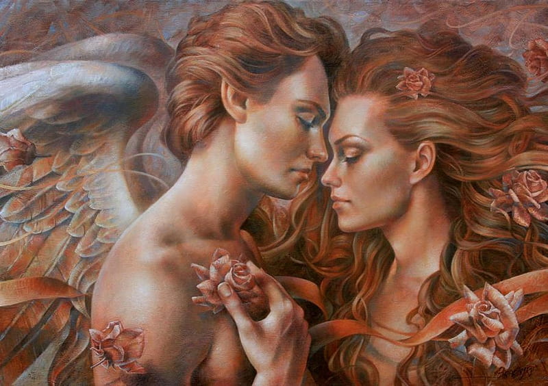 Align With Love, art, wings, angel, man, roses, woman, HD wallpaper