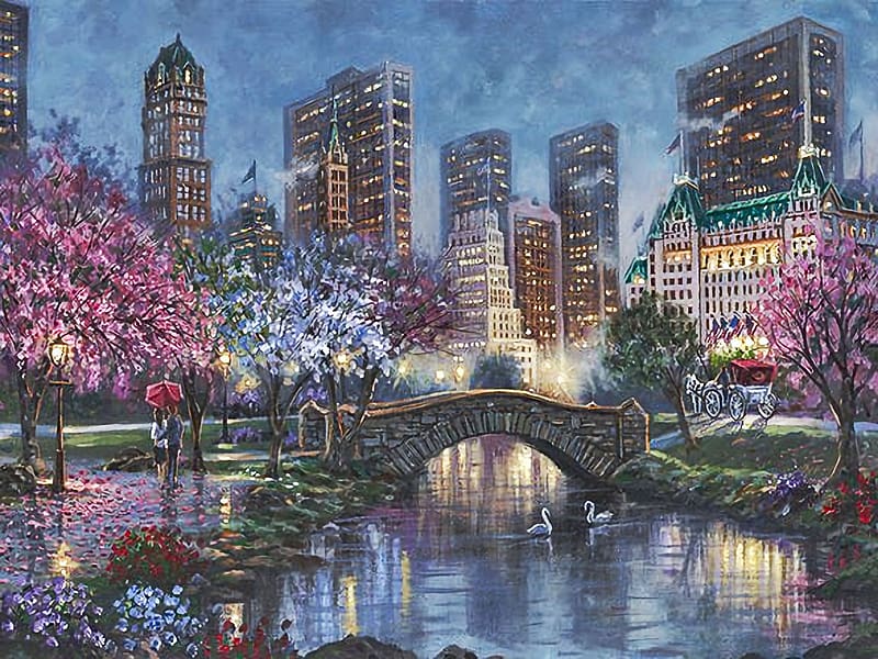 Misty Morning Blossoms, Central Park - by Robert Finale, artwork, painting, city, new york, skyscraper, bridge, trees, HD wallpaper