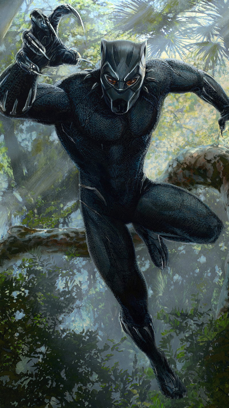 Black panther, drawings, jump, marvel, movie, t challa, HD phone wallpaper