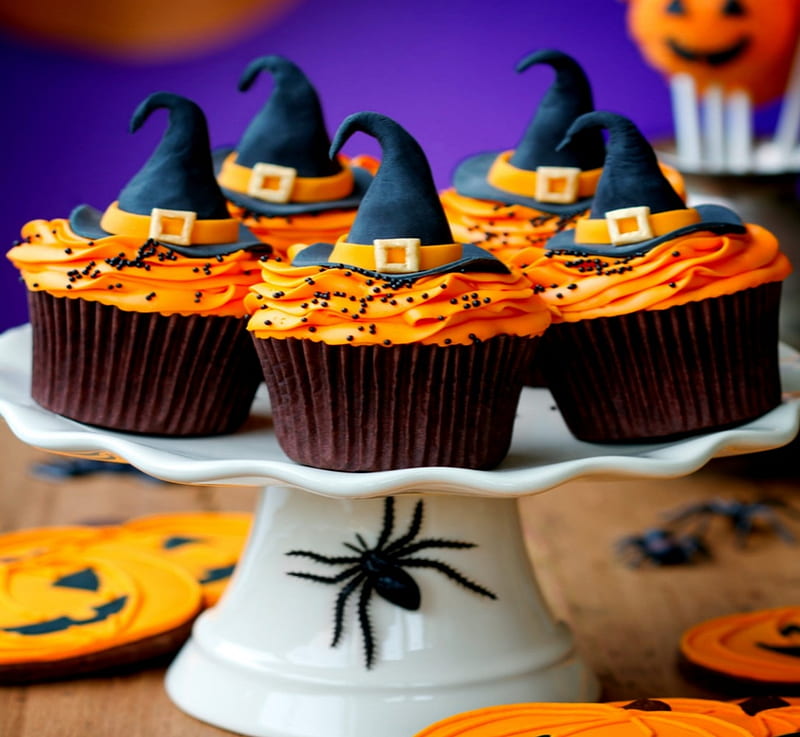 Halloween Cookies And Cupcakes, Hats, Cupcakes, Yellow, Spiders, Orange, Halloween, Cookies, HD wallpaper