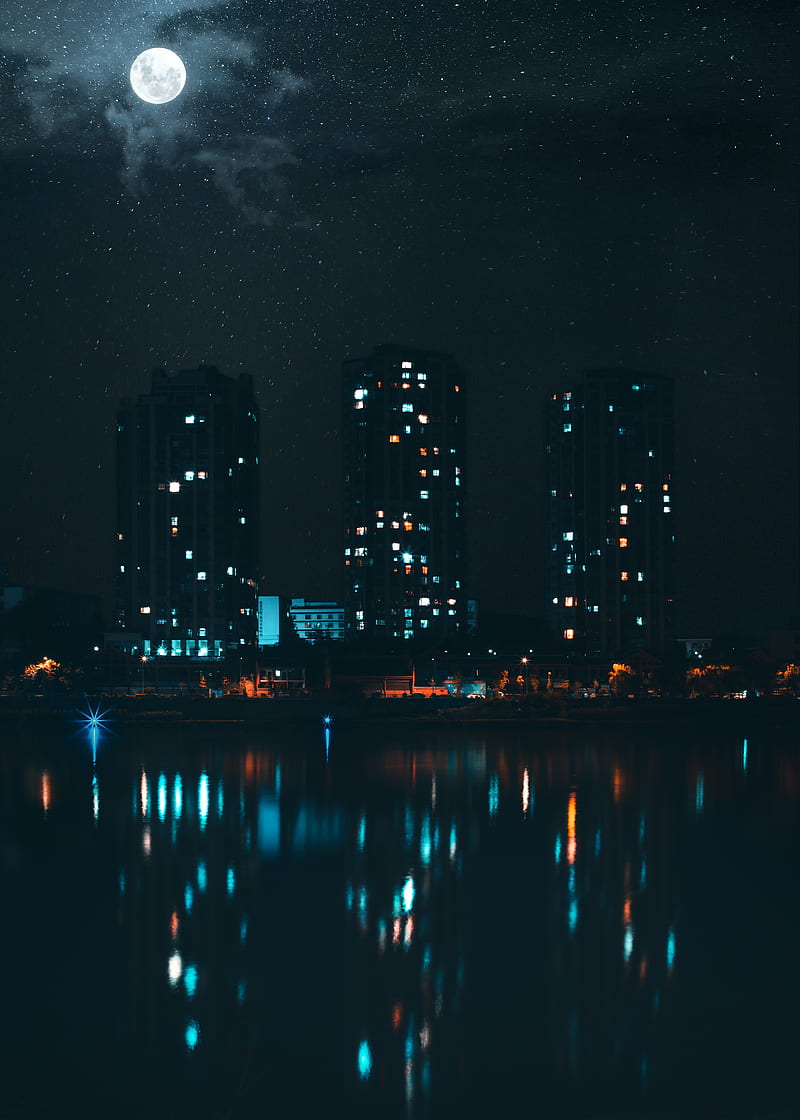 night city, buildings, skyscrapers, lights, moon, cityscape, HD phone wallpaper