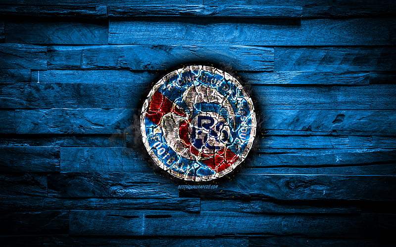 Strasbourg FC, fiery logo, Ligue 1, blue wooden background, french football club, grunge, RC Strasbourg Alsace, football, soccer, Strasbourg logo, fire texture, France, HD wallpaper