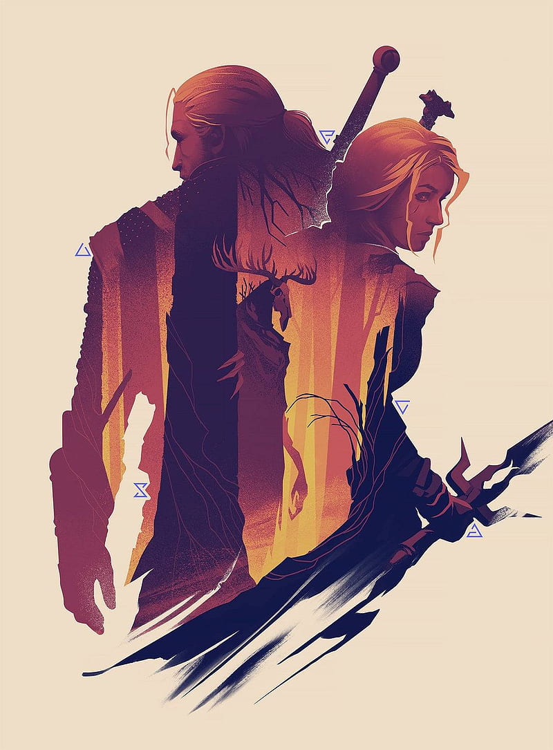 Geralt and ciri, minimalistic, wild hunt, witcher, HD phone wallpaper