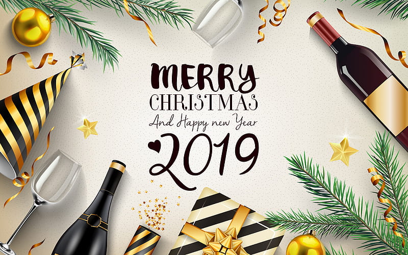 Merry Christmas, Happy New Year 2019, creative background, champagne, 3D decorations, golden Christmas balls, light Christmas background, HD wallpaper
