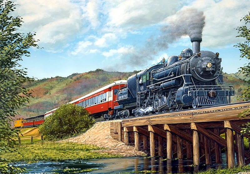 Steamtrain on Bridge, painting, river, locomotive, waggons, HD wallpaper
