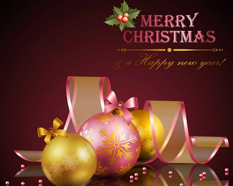 Merry Christmas & a Happy New Year, Christmas, message, balls, words, ribbons, HD wallpaper