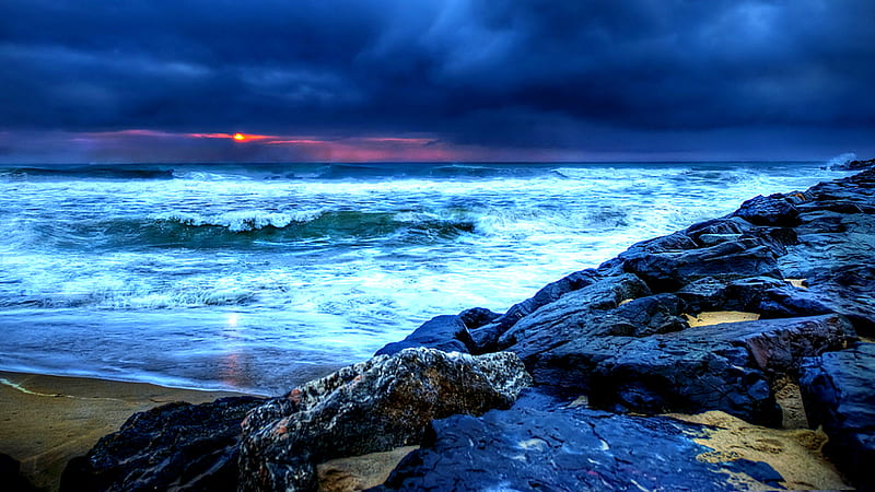 Ocean Waves, rocks, sun, bonito, sunset, clouds, stormy, sea, beach, sand, splendor, beauty, blue, amazing, lovely, view, ocean, waves, sky, storm, peaceful, nature, blue sky, HD wallpaper