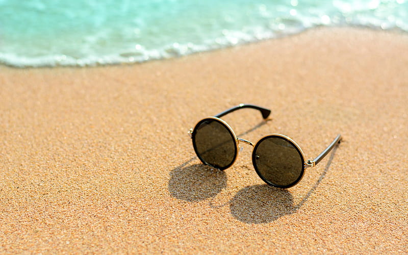 glasses on the sand, beach, sea, summer travel concepts, sand, HD wallpaper