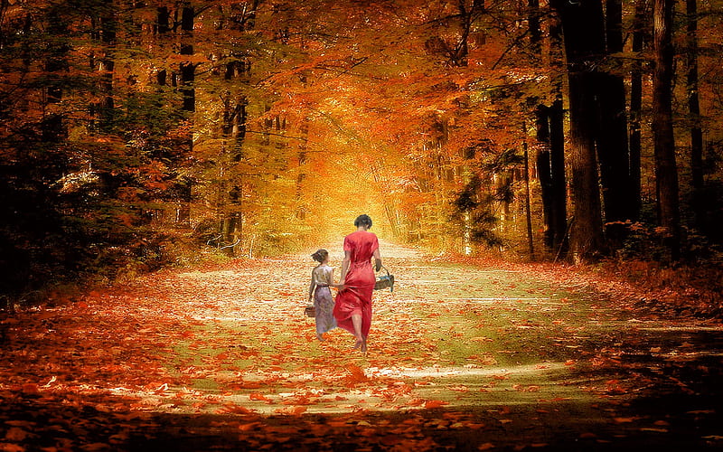 Mother's Love, Forest, Trees, Girl, Leaves, Woman, Autumn, Road, HD wallpaper