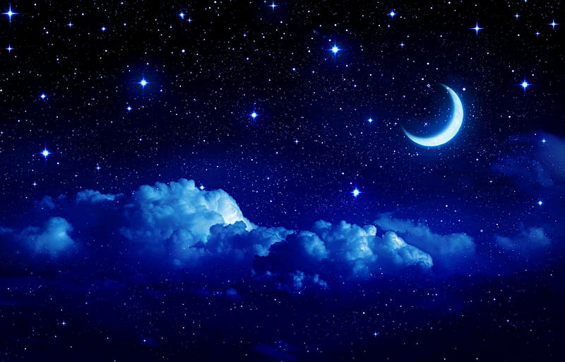 night sky, night, sky, moon, stars, clouds, blue, HD wallpaper