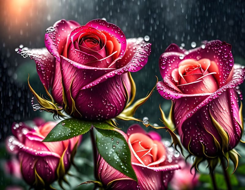 Rose flowers in the rain, virag, bordo, bimbo, viragzik, bekes, rozsa, voros, eso, szep, HD wallpaper