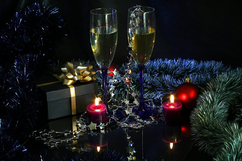Wishing All A Happy, Healthy, And Prosperous New Year!, stars, ornaments, present, glasses, new year, gift, garland, still life, decorations, champagne, HD wallpaper