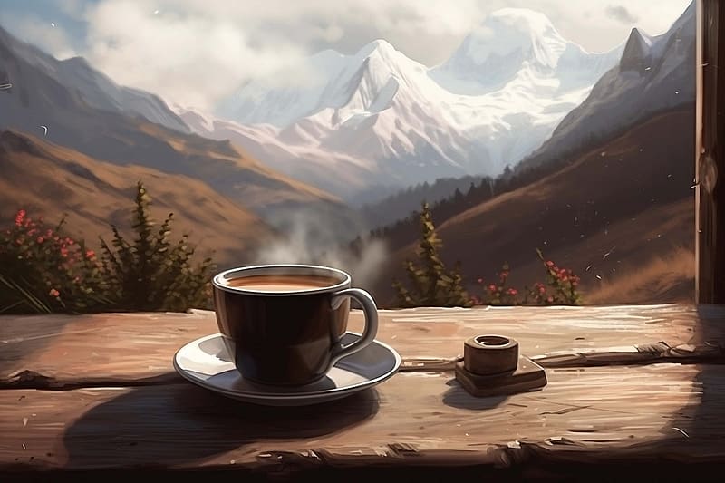 Good morning, kave, reggel, pihenes, kilatas, alatet, csesze, hegyek, HD wallpaper