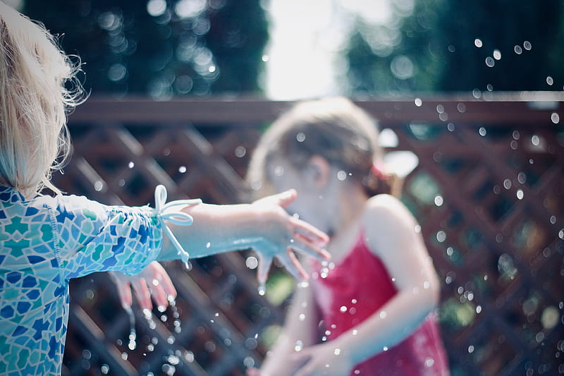 two children playing with water, HD wallpaper