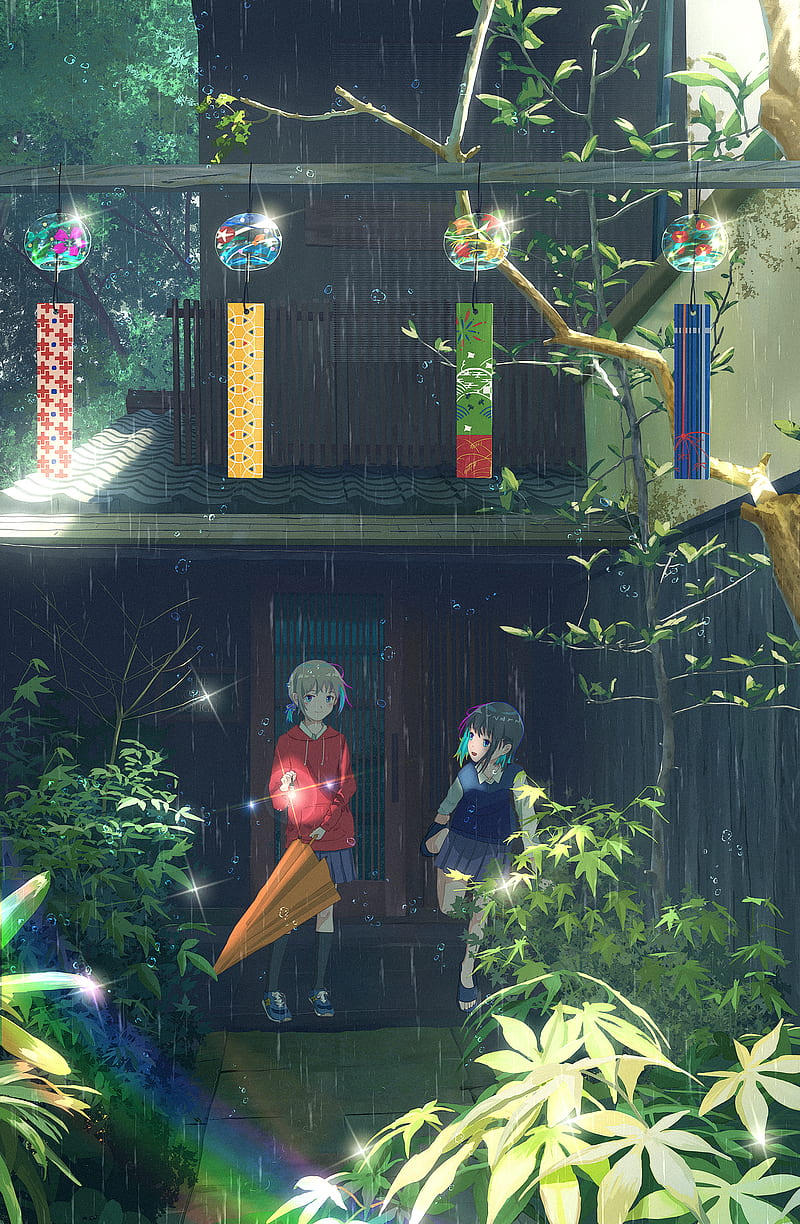 school uniform, wind chimes, rain, umbrella, rainbows, trees, plants, smiling, anime girls, HD phone wallpaper