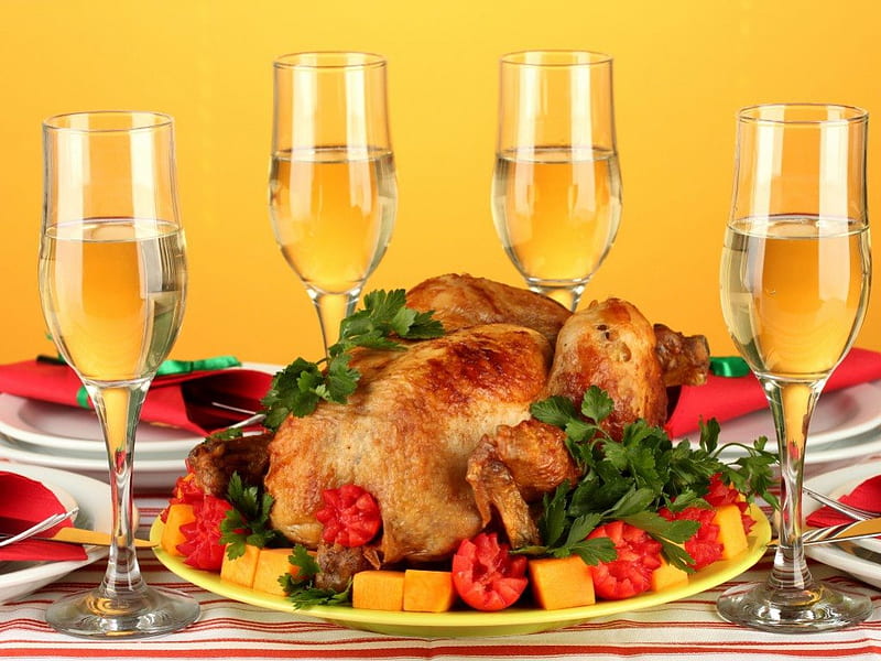 Holiday food, glass, still life, food, turkey, wine, HD wallpaper