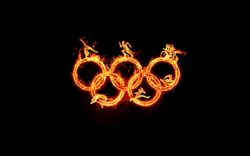 Olympic rings, fiery neon rings, artwork, creative, olympic symbols, Fire Olympic Rings, HD wallpaper