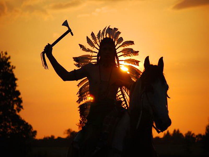 Warrior, native, sunset, weapon, horse, head dress, feathers, HD wallpaper