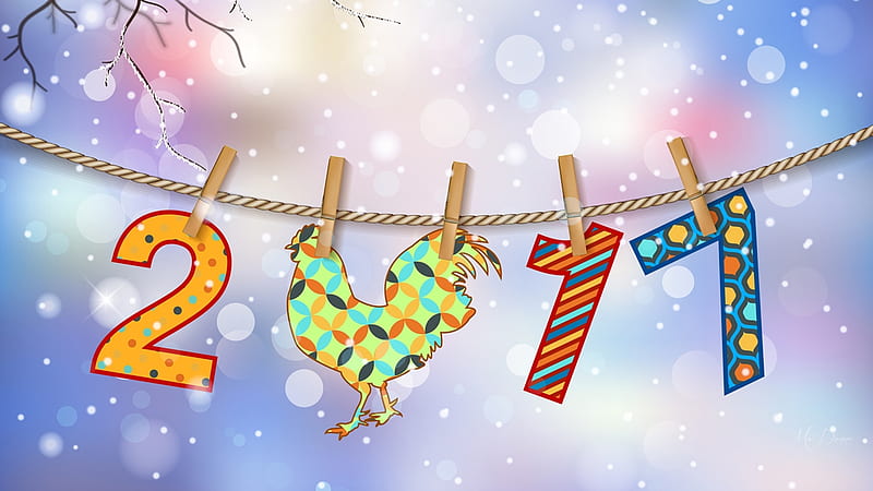 2017 Rooster, rooster, 2017 New, New Year, clothes line, HD wallpaper