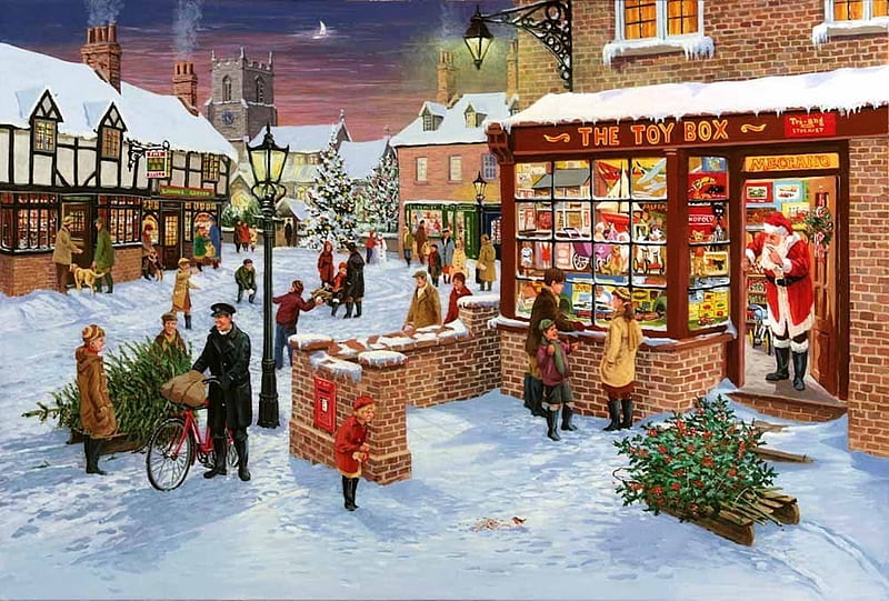 Santa at The Toy Box, shop, christmas, holly, tree, santa, snow, berries, postman, toys, HD wallpaper