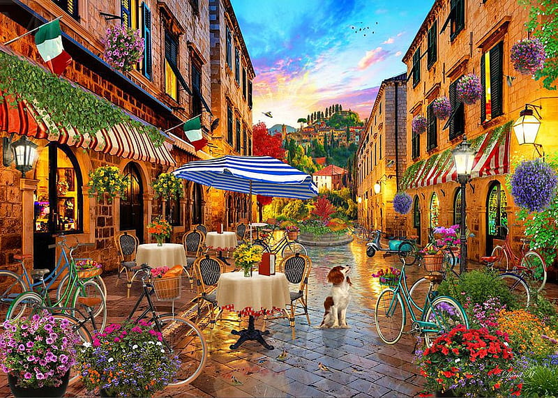 Biking in Tuscany, houses, flowers, chairs, umbrella, bicycles, street, tables, artwork, restaurant, flags, digital, HD wallpaper