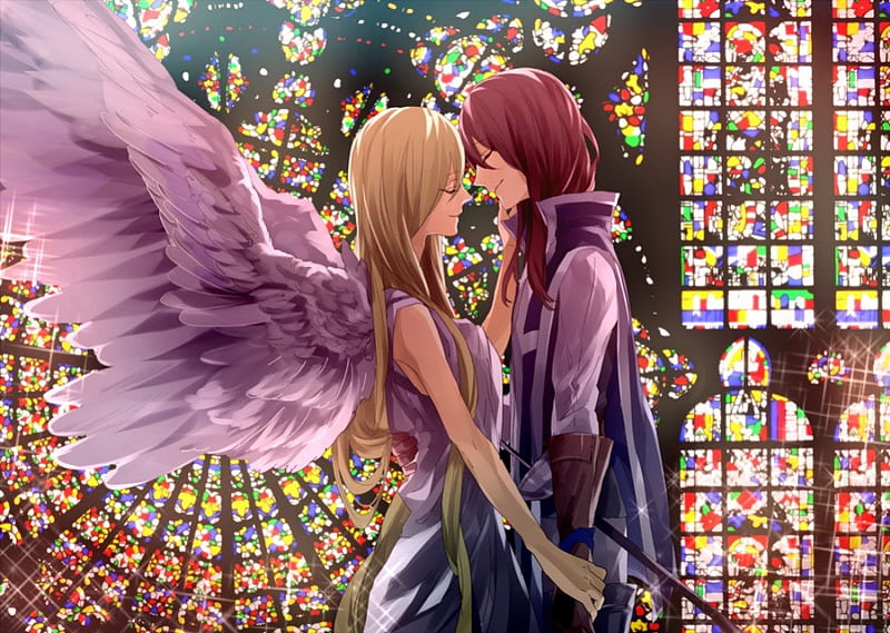 My Guardian Angel, pretty, wing, sweet, nice, love, anime, feather, handsome, anime girl, long hair, wings, lovely, romance, blonde, sexy, short hair, hug, cute, lover, blond, guy, glasses, hot, couple, female, male, window, romantic, angel, blonde hair, wall, blond hair, boy, girl, HD wallpaper