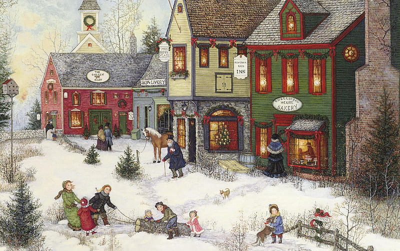 Merry olde Christmas, christmas, snow, town, children, old time, yule log, HD wallpaper