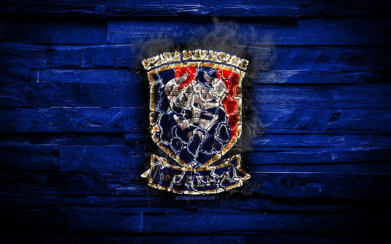 Caen FC, fiery logo, Ligue 1, blue wooden background, french football club, grunge, SM Caen, football, soccer, Caen logo, fire texture, France, HD wallpaper