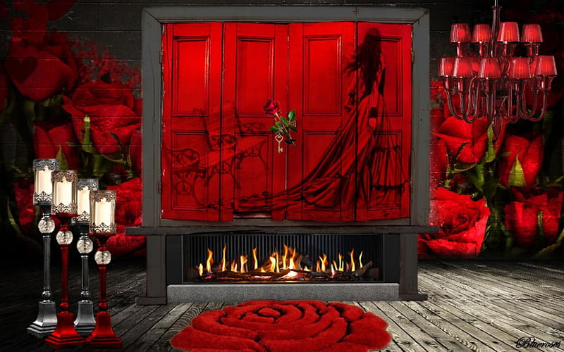 Love is the beginning of everything...♡, red, chandelier, eco fireplace, home, interior, carpet, woman, silver, atmosphere, gris, poster, candleholders, window, romantic, decoration, desenho, wall, roses, brunette, glass, baroque, lady, style, HD wallpaper