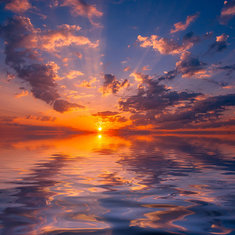 sunset, clouds, sky, horizon, reflection, Nature, HD phone wallpaper