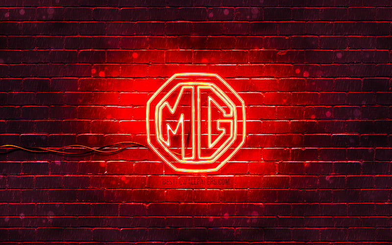 MG red logo red brickwall, MG logo, cars brands, MG neon logo, MG, HD wallpaper