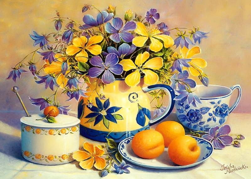 Still life, pretty, art, lovely, time, fruits, vase, bonito, tea, freshness, coffee, bouquet, painting, flowers, HD wallpaper