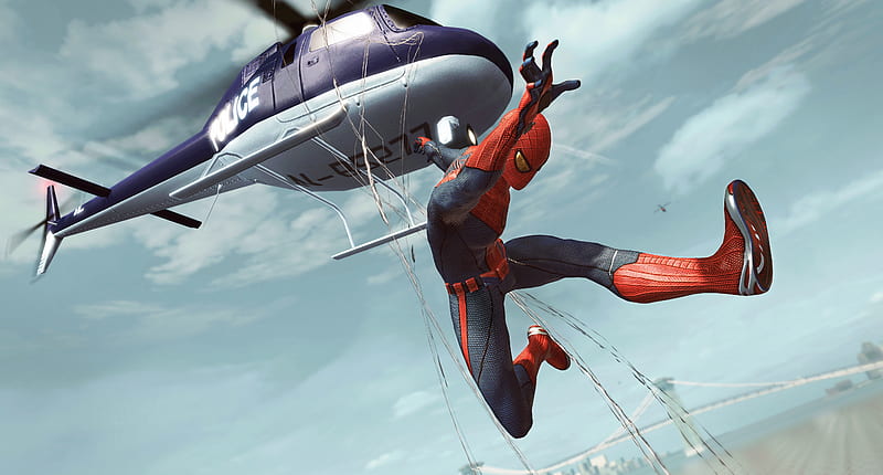 Spiderman Jumping Out Of Helicopter, spiderman, superheroes, artwork, games, digital-art, HD wallpaper